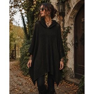 Janice Apparel Black Hooded Knit Poncho Open Knit Cowl Neck‎ OSFM